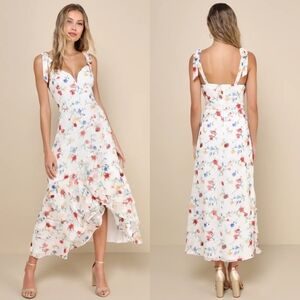 Lulus So Elevated Ivory Floral Jacquard Tie-Strap High-Low Midi Dress S Wedding